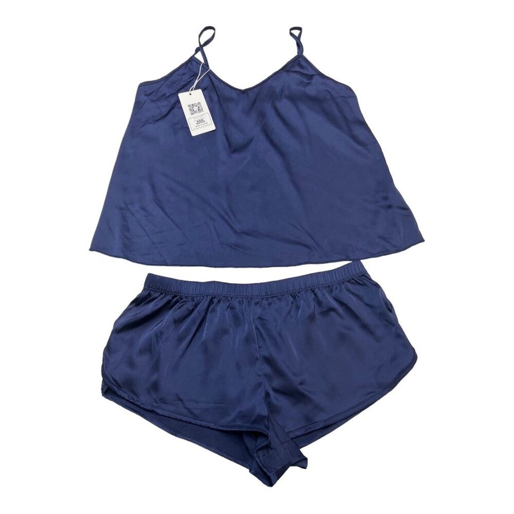 Ekouaer Pajamas Set Blue Satin Tank Cami Shorty Shorts Size S Lounge Summer